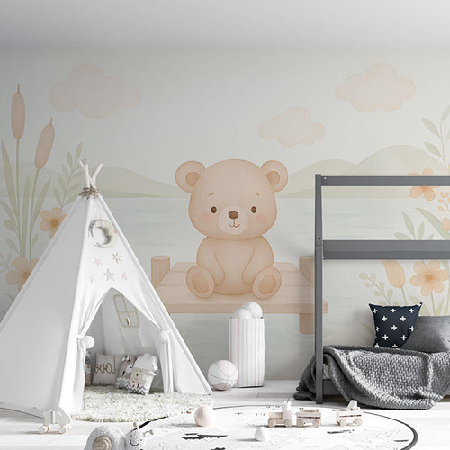 Pastel wallpaper with a teddy bear on a lakeside dock among soft flowers