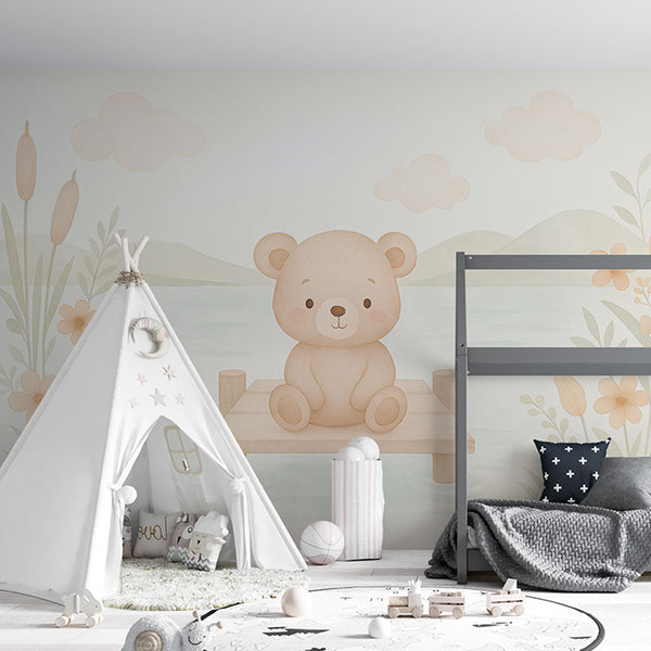 Bear Wallpaper | Teddy on a Quiet Dock Among Soft Flowers
