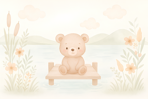 Bear Wallpaper | Teddy on a Quiet Dock Among Soft Flowers