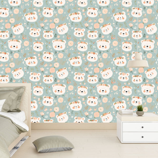 Cute Bear Wallpaper | Bear Heads and Flower Crowns Wall Mural