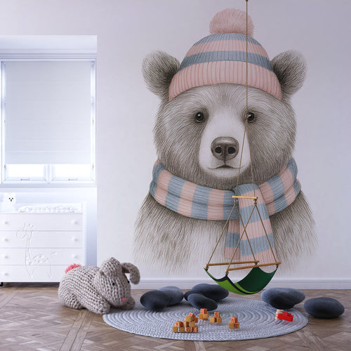 Wallpaper with an illustrated bear wearing a striped hat and scarf
