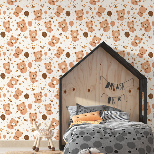 Cute Bear Wallpaper | Bears with Balloons and Stars Wall Mural