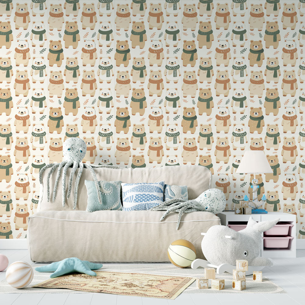 Bear Wallpaper | Bears in Scarves and Foliage Wall Mural