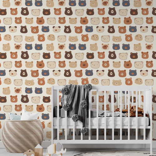 Cute bear face wallpaper in brown, beige and blue in a playroom