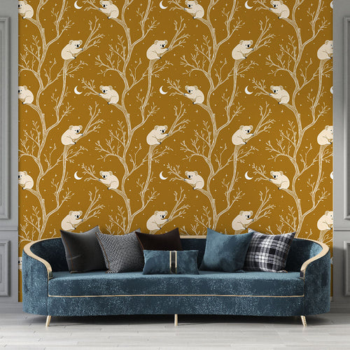 Bear wallpaper with bears on branches, stars and moons on a brown background