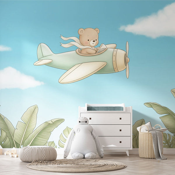 Bear Pilot Wallpaper | Airplane and Tropical Leaf Wall Mural