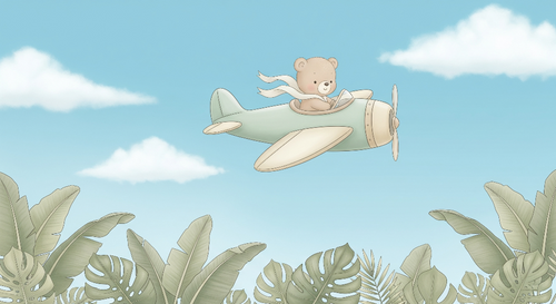 Bear Pilot Wallpaper | Airplane and Tropical Leaf Wall Mural