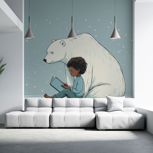 Polar Bear Wallpaper | Child Reading in a Snowy Mural
