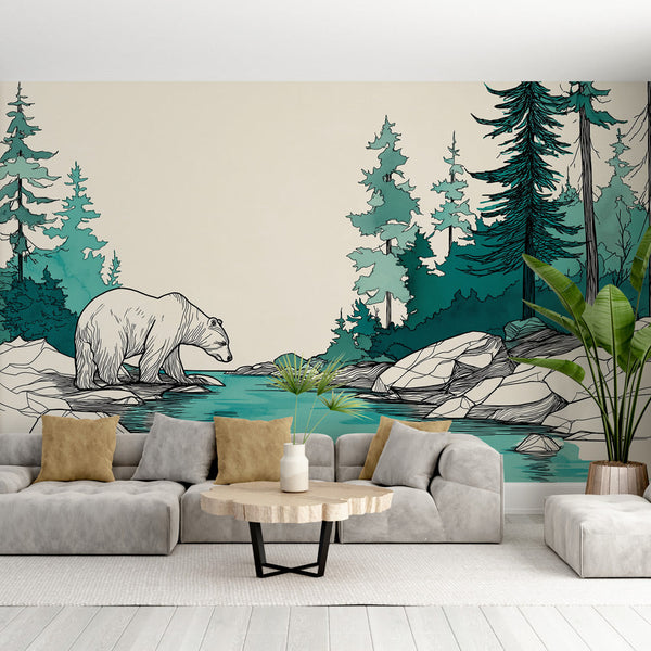 Bear Wallpaper | Woodland Scene with Conifers and Clear Water