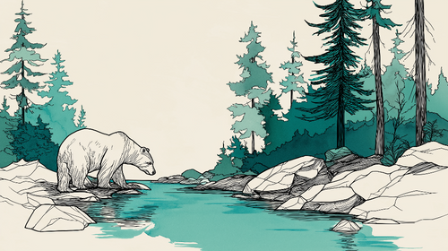 Bear Wallpaper | Woodland Scene with Conifers and Clear Water