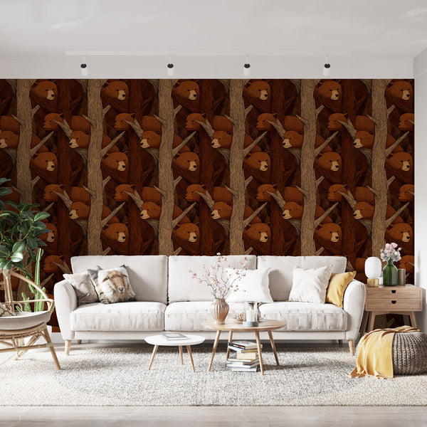 Bear Wallpaper | Brown Bear Faces Between Stylized Trees