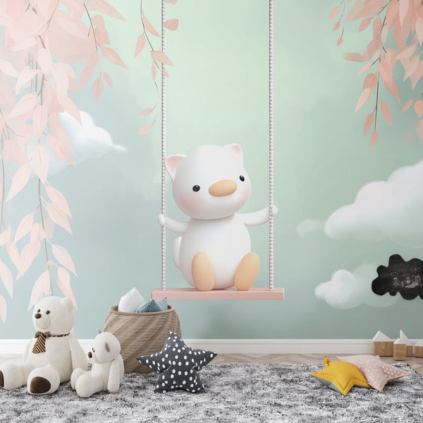Dreamy Teddy Bear Wallpaper | Pastel Leaves Kids Wall Mural