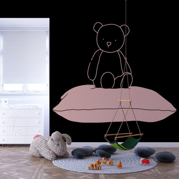 Teddy Bear Wallpaper | Soft Bear on a Pink Cushion, Black Ground