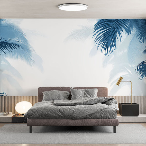 Teal Palm Wallpaper | Blue Gradient Palm Leaves Mural