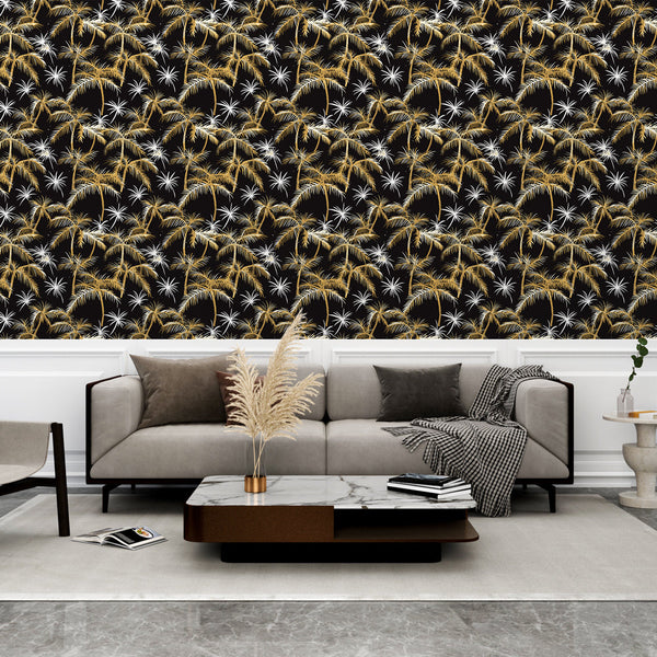Gold Palm Wallpaper | White Foliage Tropical Wall Mural Black
