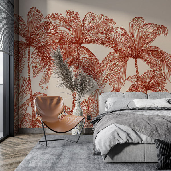 Palm Tree Wallpaper | Rust Outline Palms on Neutral Mural