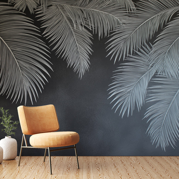 Palm Wallpaper | White Palm Leaves on Deep Black