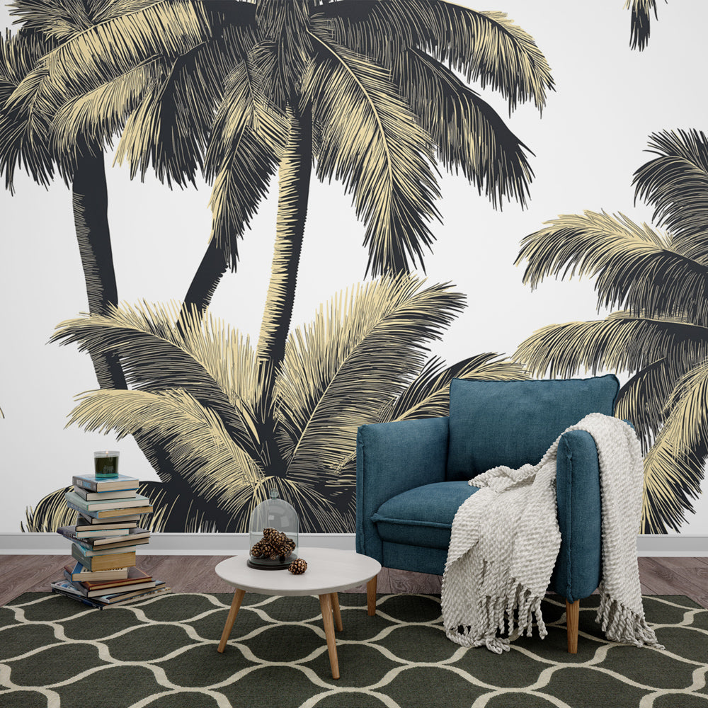 Palm Wallpaper | Black & Gold Graphic Palms on White