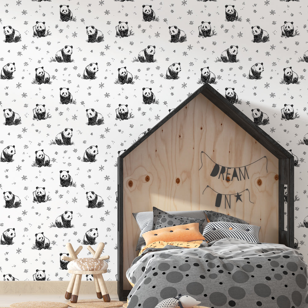 Panda Wallpaper | Sleeping Pandas and Snowflakes on White