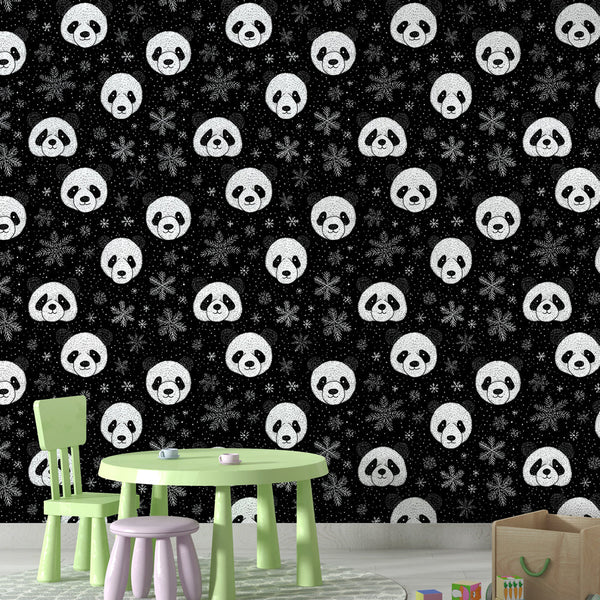 Panda Wallpaper | Pandas and Snowflakes on Deep Black