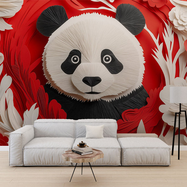 Artisan Panda Wallpaper | Red Floral Paper-Cut Wall Mural