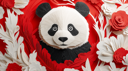 Artisan Panda Wallpaper | Red Floral Paper-Cut Wall Mural