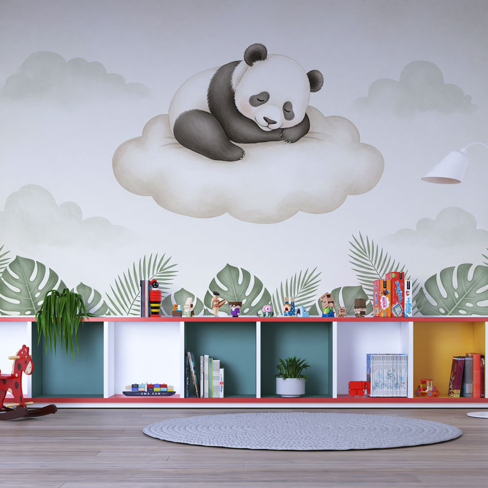 Sleeping Panda Wallpaper | Cloud and Tropical Leaf Wall Mural