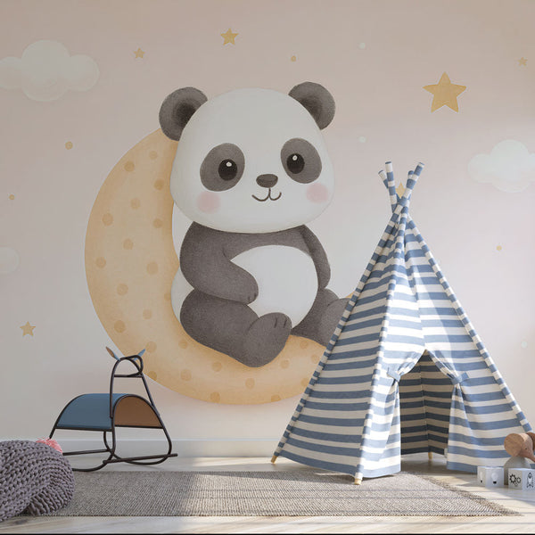 Cute Panda Wallpaper | Happy Panda on a Moon in a Starry Sky