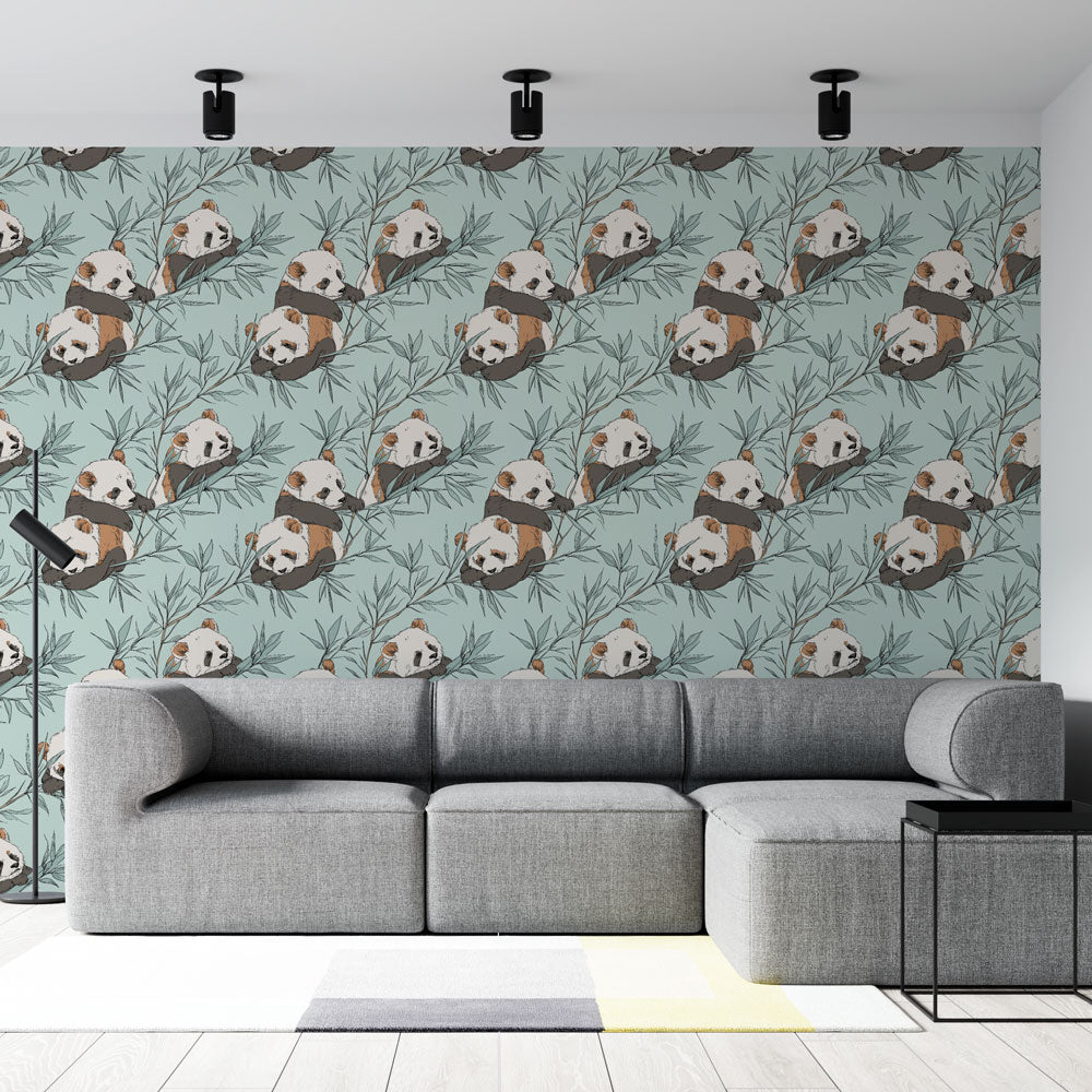 Panda Wallpaper | Pandas and Tropical Leaves on Pastel Blue