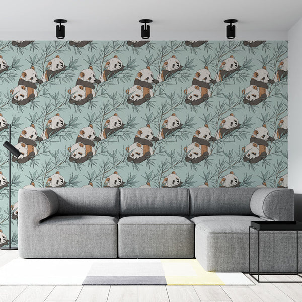 Panda Wallpaper | Pandas and Tropical Leaves on Pastel Blue