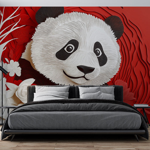Playful Panda Wallpaper | Relief Blooms Red Wall Mural