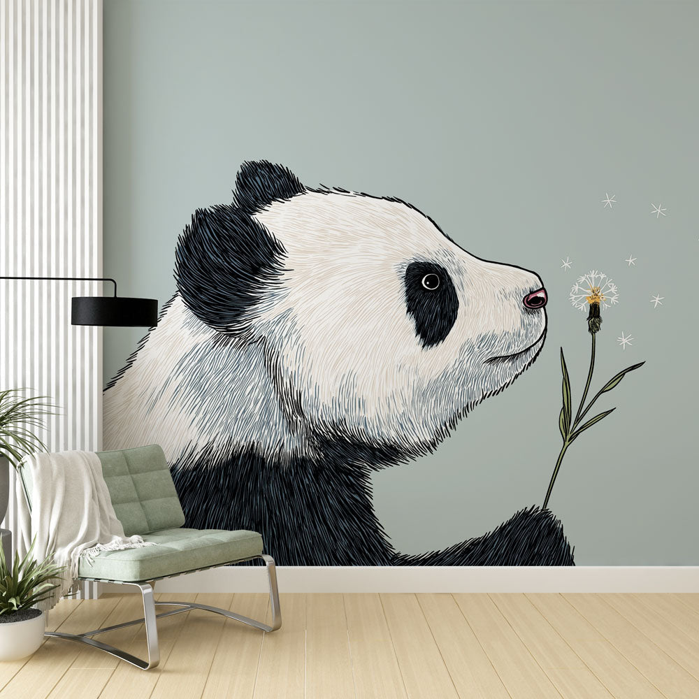 Panda With a Flower Wallpaper | Gentle Blue Nursery Mural