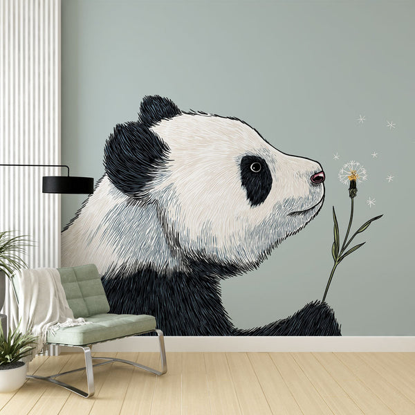 Panda With a Flower Wallpaper | Gentle Blue Nursery Mural