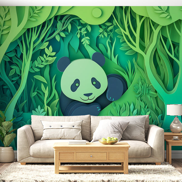 Panda Wallpaper | Paper-Cut Tropical Forest Wall Mural
