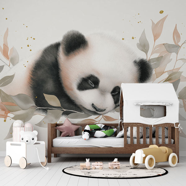 Panda Wallpaper | Sleeping Panda in Foliage with Gold Touches