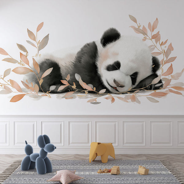Panda Wallpaper | Sleeping Panda Among Delicate Leaves