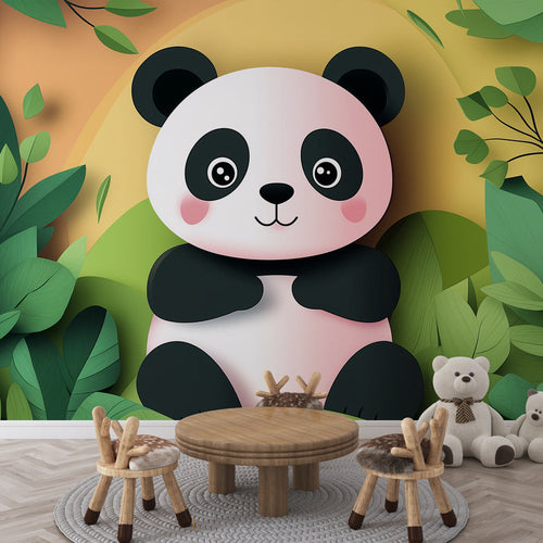 Cute panda wallpaper nestled among vibrant green leaves on pastel background