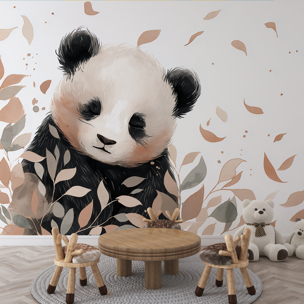 Panda Wallpaper | Smiling Panda Among Delicate Leaves