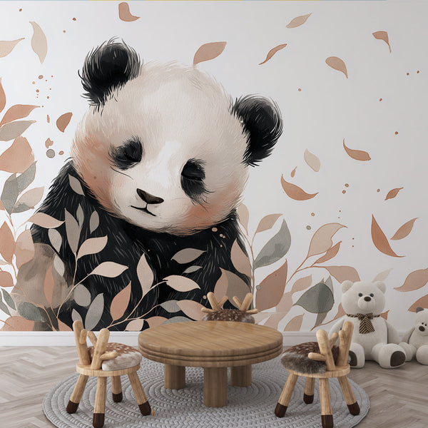 Panda Wallpaper | Smiling Panda Among Delicate Leaves