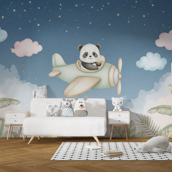 Flying Panda Wallpaper | Airplane and Starry Sky Wall Mural