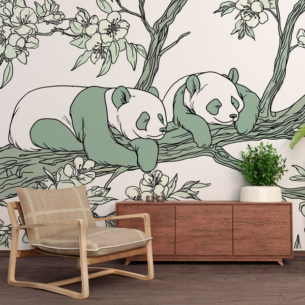 Panda Wallpaper | Two Sleeping Pandas on a Flowering Branch