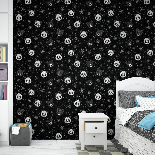 Panda Wallpaper | White Panda Faces on Starry Black Background