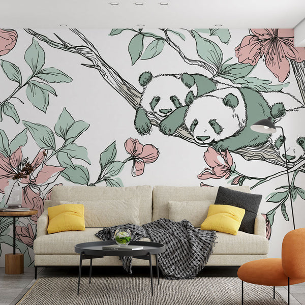 Panda Wallpaper | Three Pandas on a Flowering Branch