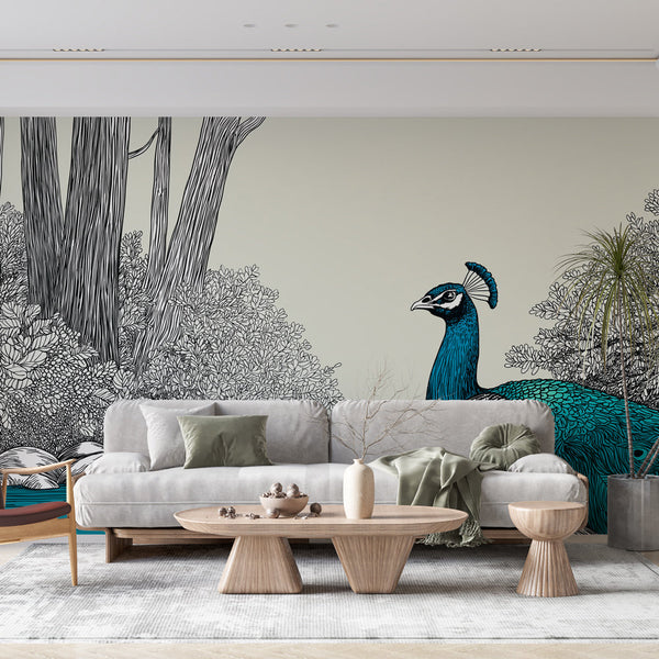Peacock Wallpaper | Graphic Art with a Bird by the Water