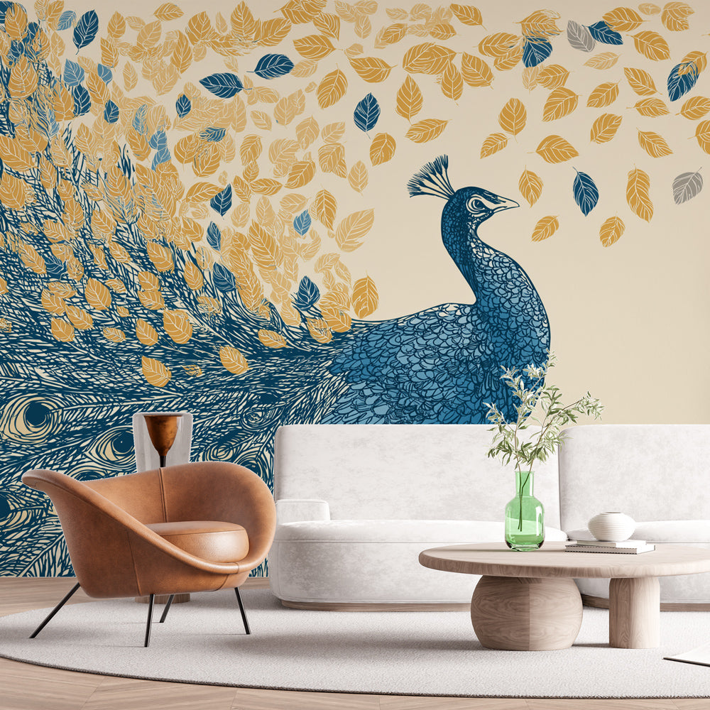 Blue Peacock Wallpaper | Elegant Bird with Falling Golden Leaves