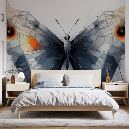 Abstract butterfly wallpaper with vivid blue orange black geometric wings modern design