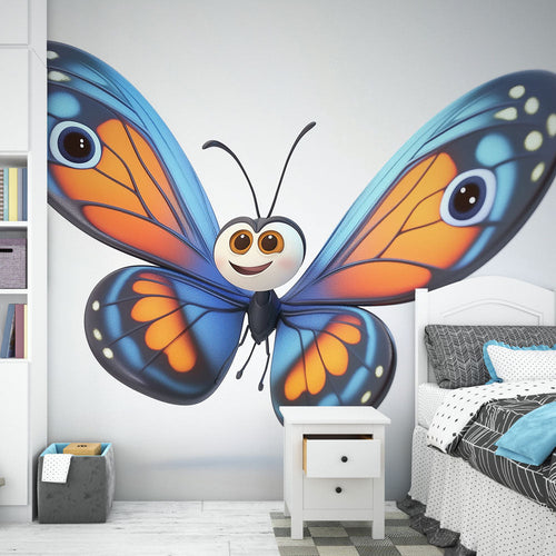 Animated smiling butterfly wallpaper with blue orange black wings for kids bedroom playroom