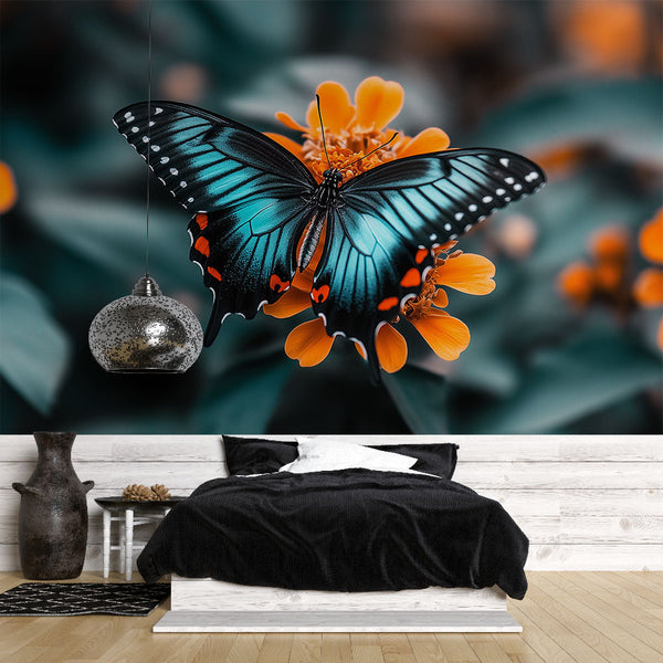 Blue and orange butterfly wallpaper | Resting on colorful blooms