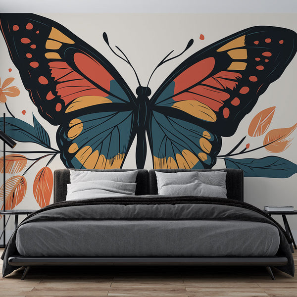 Vibrant Butterfly Wallpaper | Stylized Leaves Wall Mural