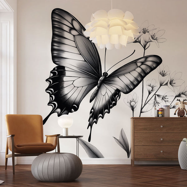 Butterfly Wallpaper | Elegant Black White Flowers Design